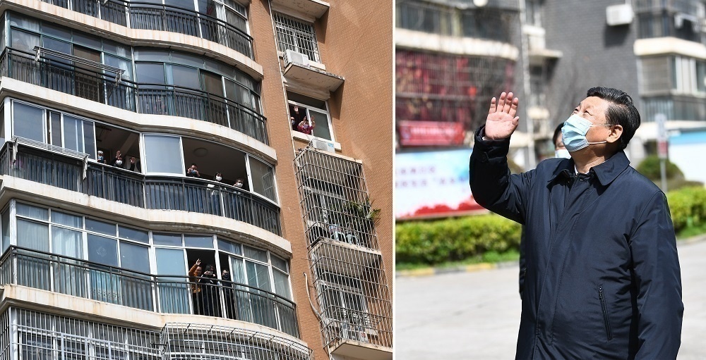 3月10日，習近平在東湖新城社區考察時，向在家隔離居住的居民揮手致意、表示慰問。（圖片來源 人民日報）