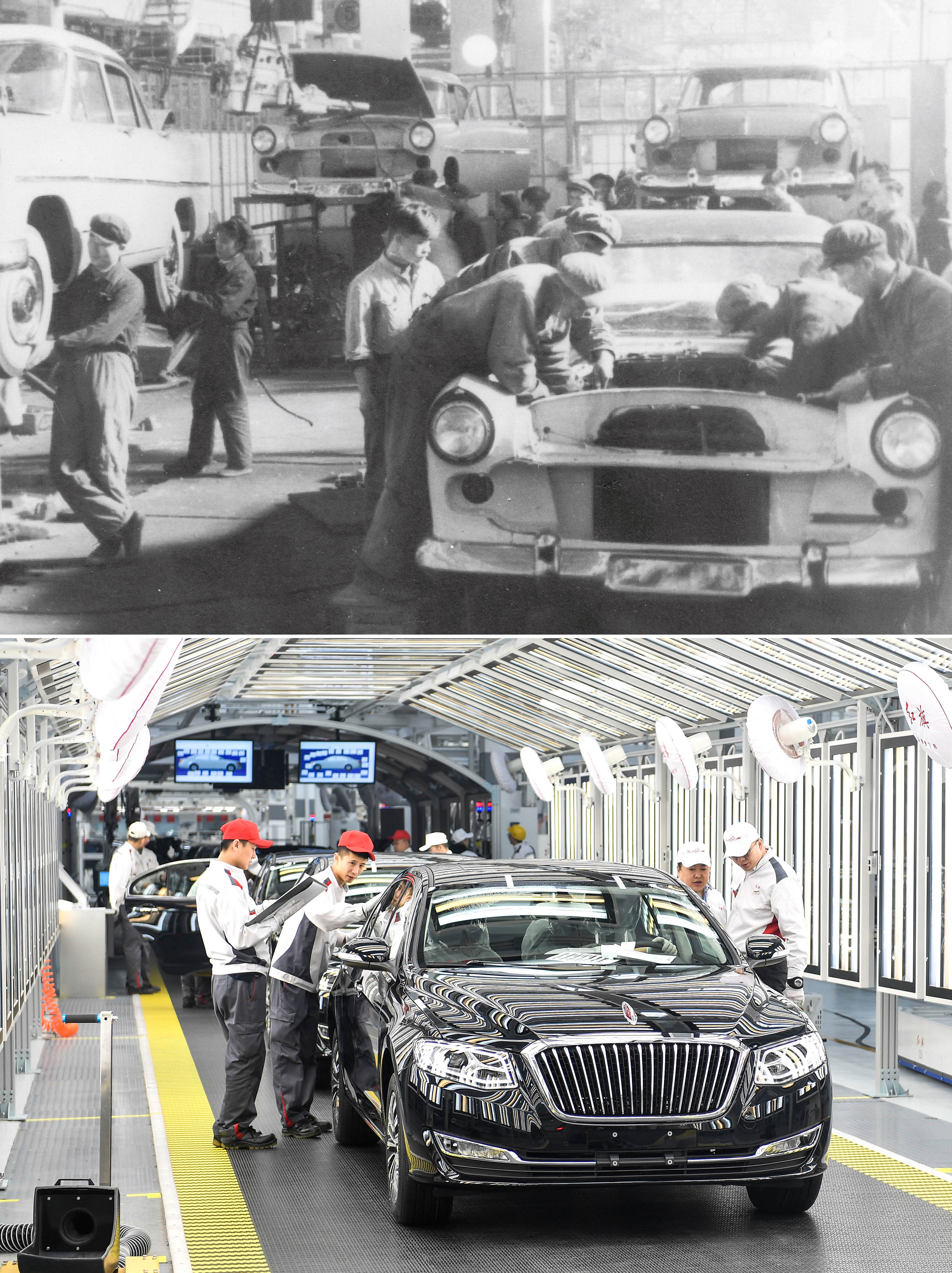 拼版照片：上圖為1958年拍攝的第一汽車制造廠（資料照片）。這里生產了第一批紅旗轎車；下圖為2019年4月9日，在一汽紅旗總裝車間內，職工在對生產的紅旗轎車進行靜檢作業。